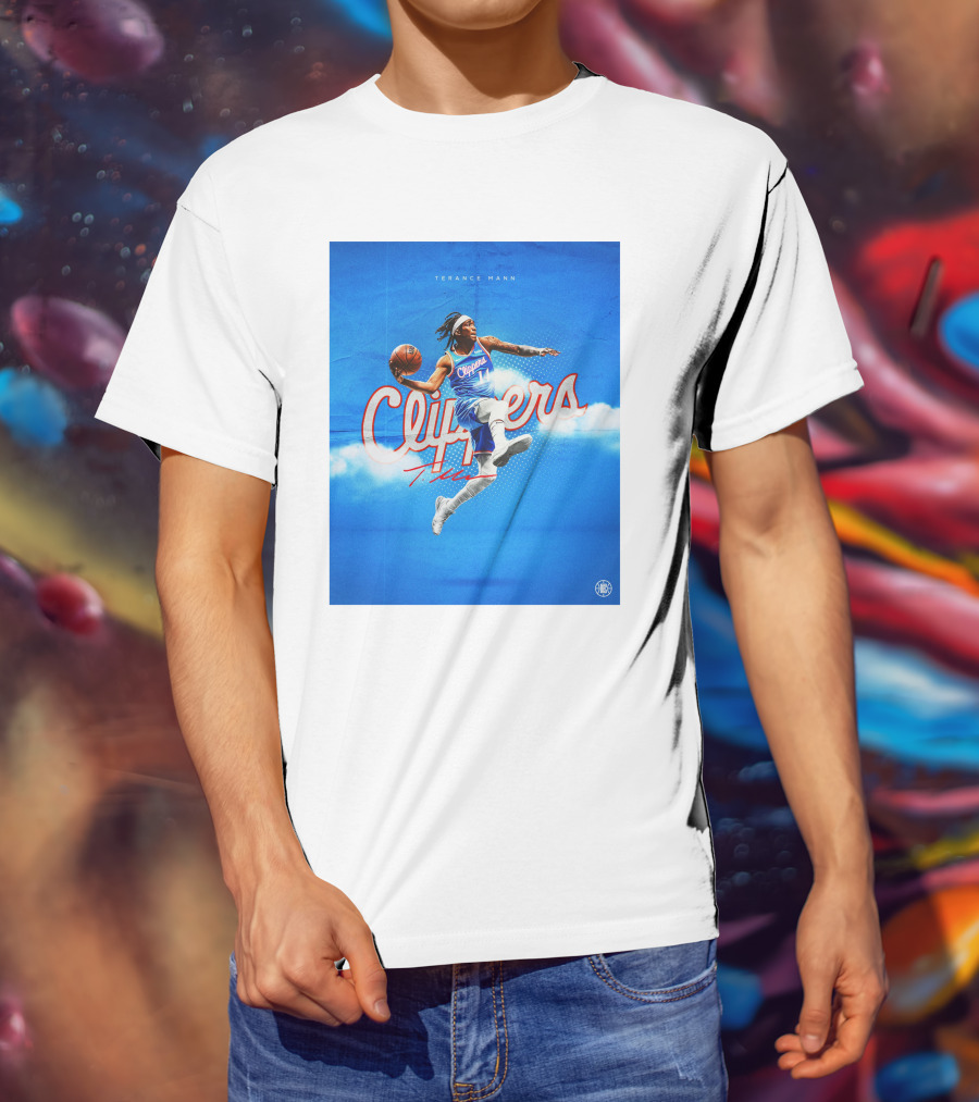 Terance Mann Clippers Basketball Motion Dribble Blue Clouds T-Shirt