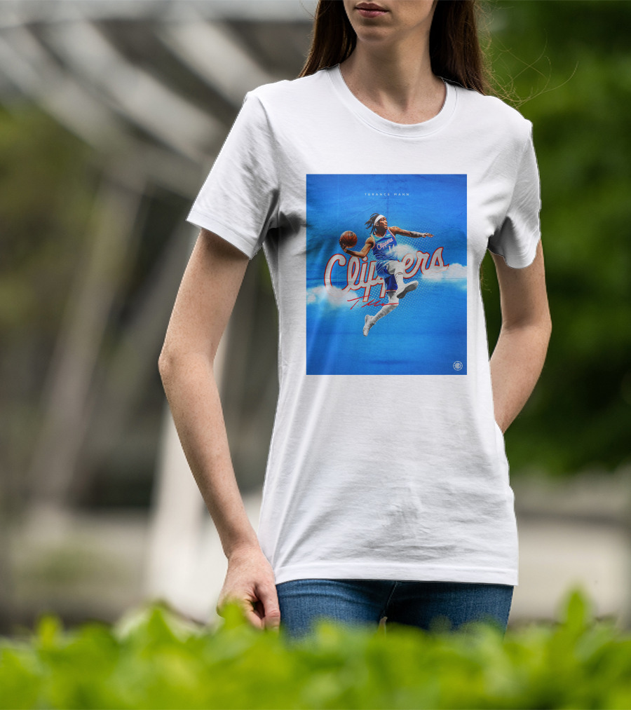 Terance Mann Clippers Basketball Motion Dribble Blue Clouds T-Shirt