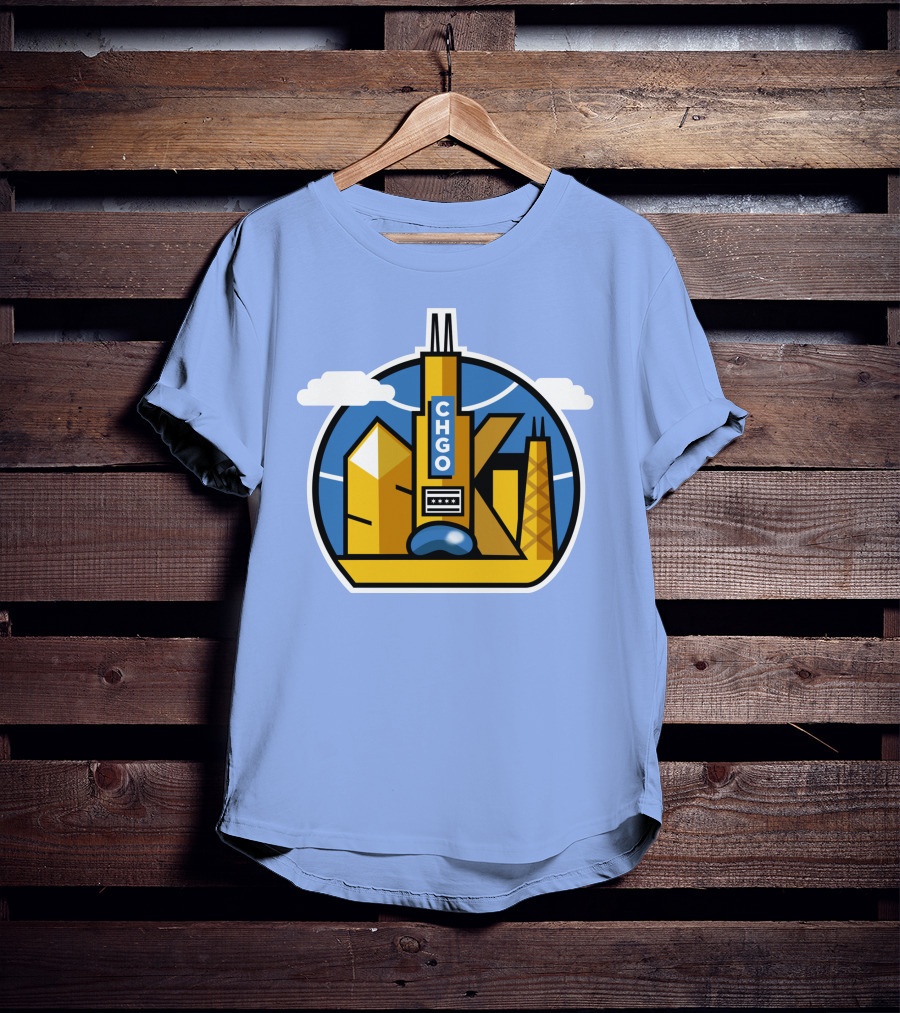 CHGO Skyline Blue Skies Sports Icon With Landmarks T-Shirt
