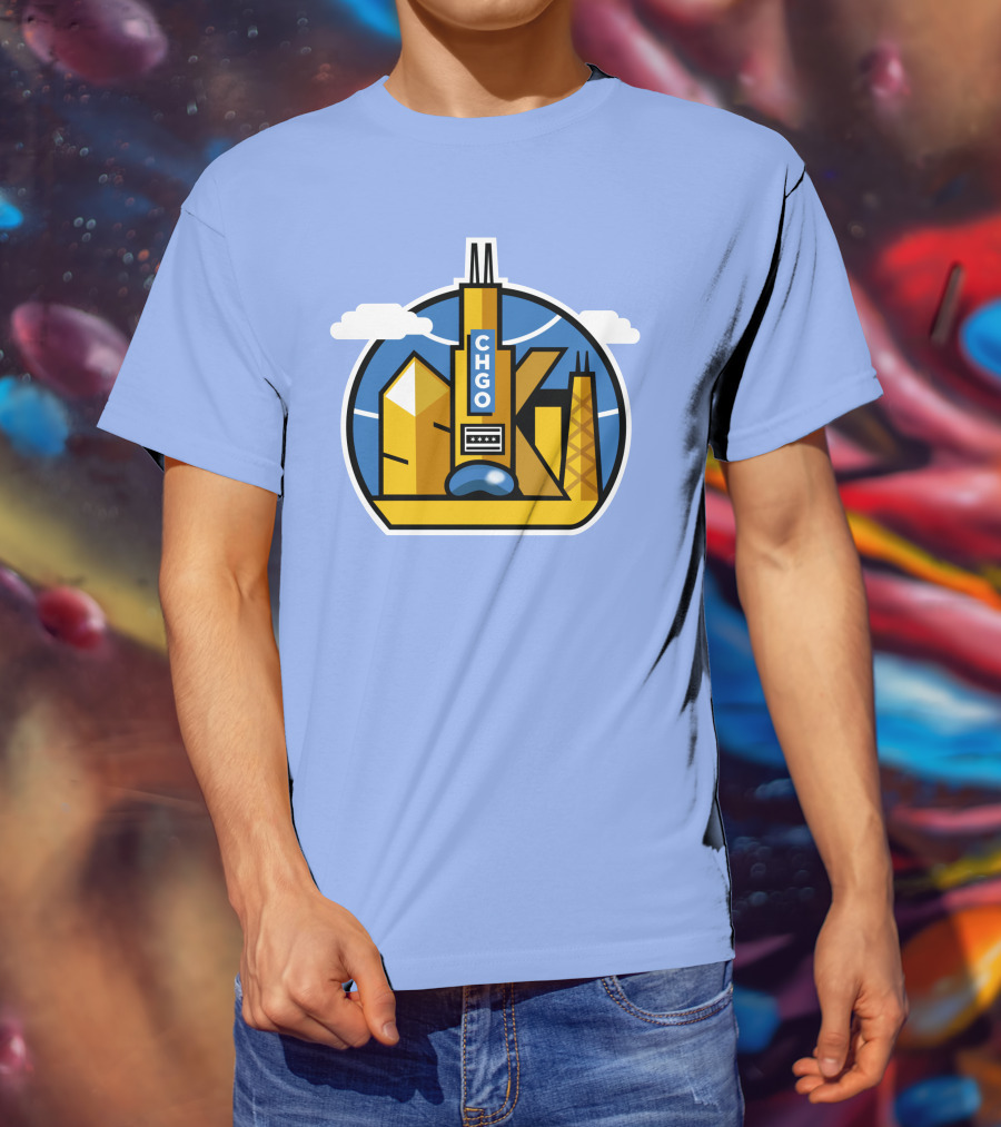 CHGO Skyline Blue Skies Sports Icon With Landmarks T-Shirt