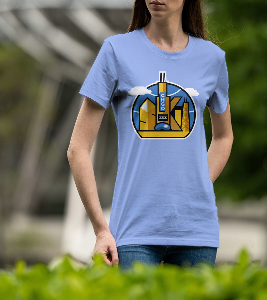 CHGO Skyline Blue Skies Sports Icon With Landmarks T-Shirt