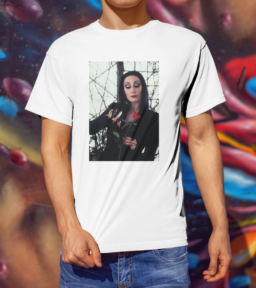 Morticia Addams Anjelica Huston Cutting Rose Scene T-Shirt