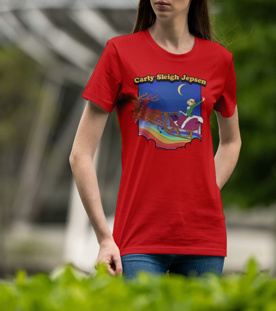 Carly Sleigh Jepsen Christmas Reindeer Sleigh Adventure Under Moonlit Sky T-Shirt