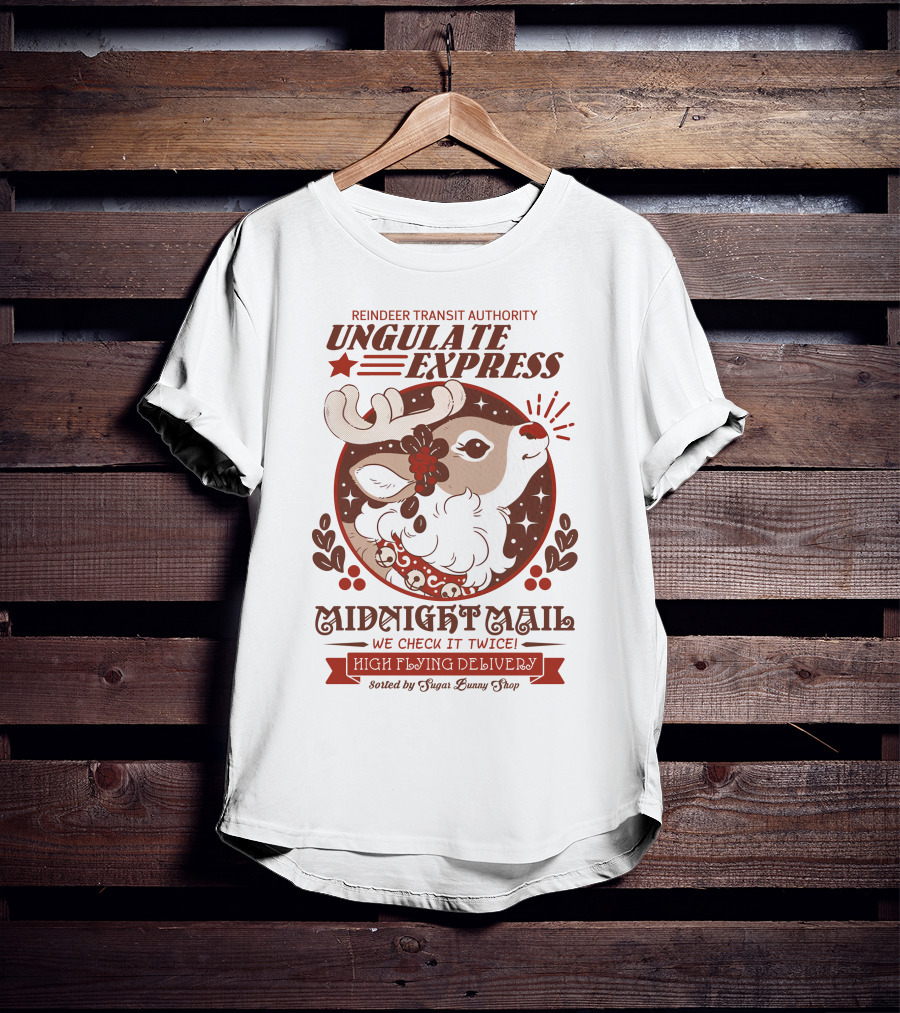 Reindeer Transit Authority Ungulate Express Midnight Mail High Flying Delivery T-Shirt