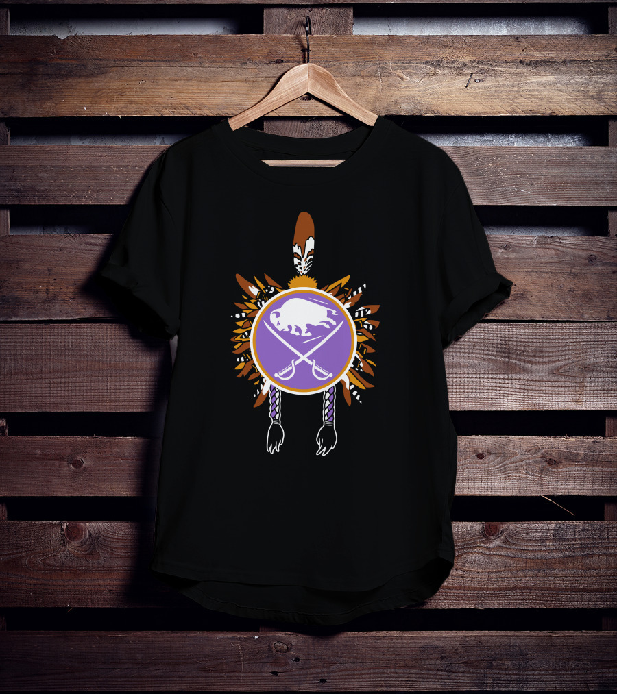 Buffalo Sabres Native American Feathered Symbol With Purple Circle And Crossing Sticks T-Shirt