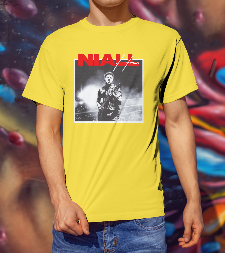 Niall Horan Live Performance Black And White Stage Photo With Red Name Highlight T-Shirt
