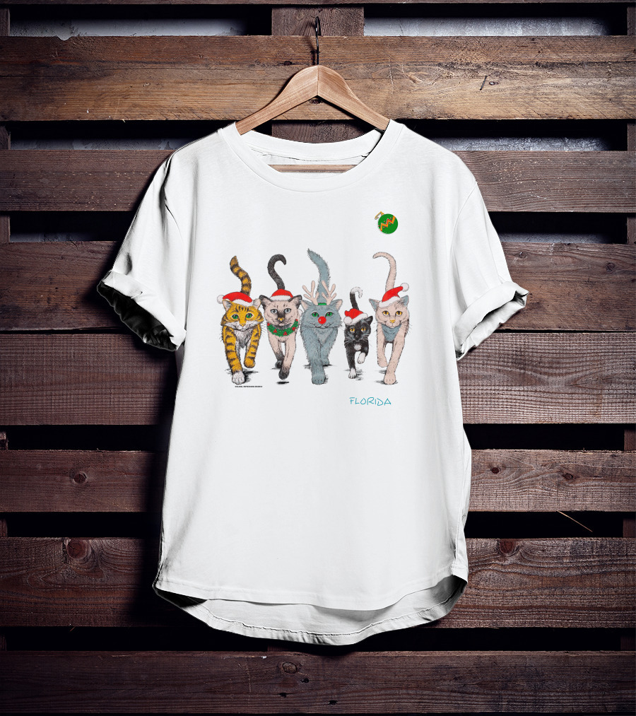 Vintage 90S Florida Christmas Cats Santa Hat Reindeer Antlers T-Shirt