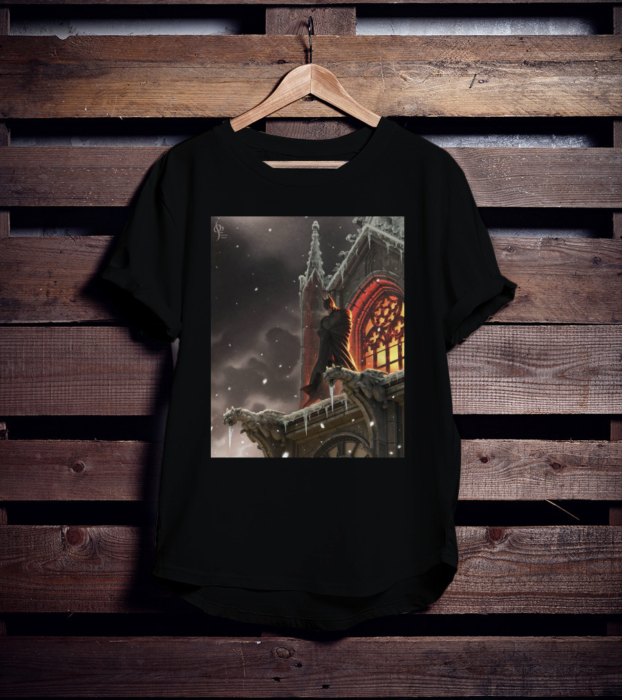 A Knight In The Frost Gothic Cathedral Snowfall Scene T-Shirt