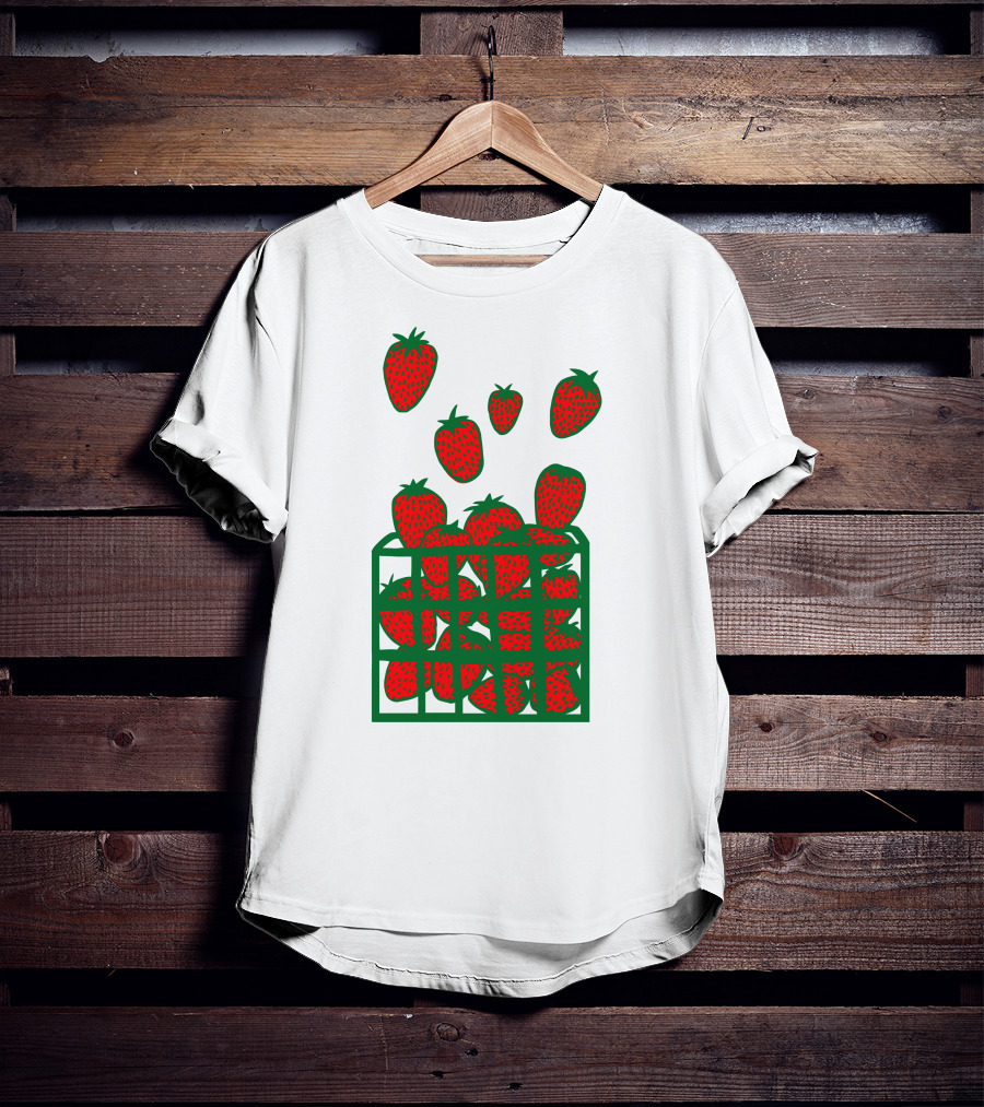 Strawberry Basket With Falling Strawberries Screen Print T-Shirt