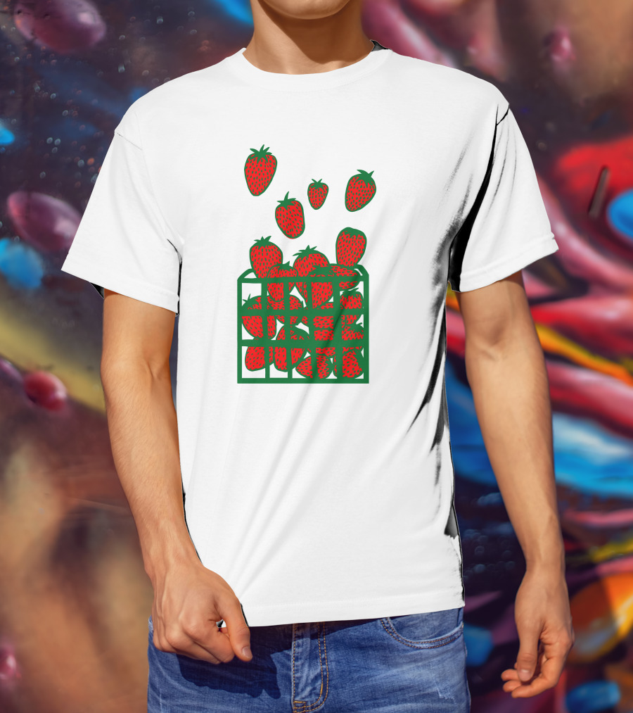 Strawberry Basket With Falling Strawberries Screen Print T-Shirt