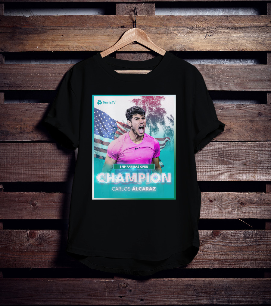 TennisTV BNP Paribas Open Champion Carlos Alcaraz American Flag Background T-Shirt