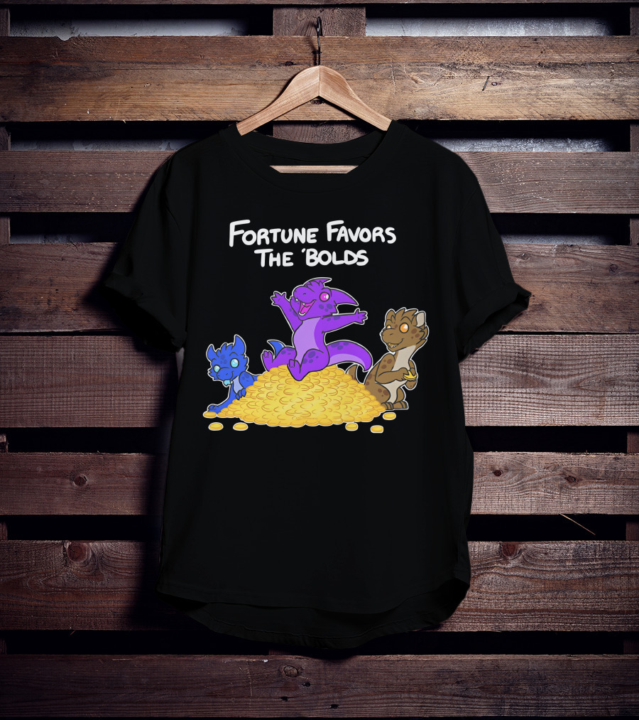 Kobold Fortune Favors The Bold Colorful Cartoon Creatures On Gold Coins T-Shirt