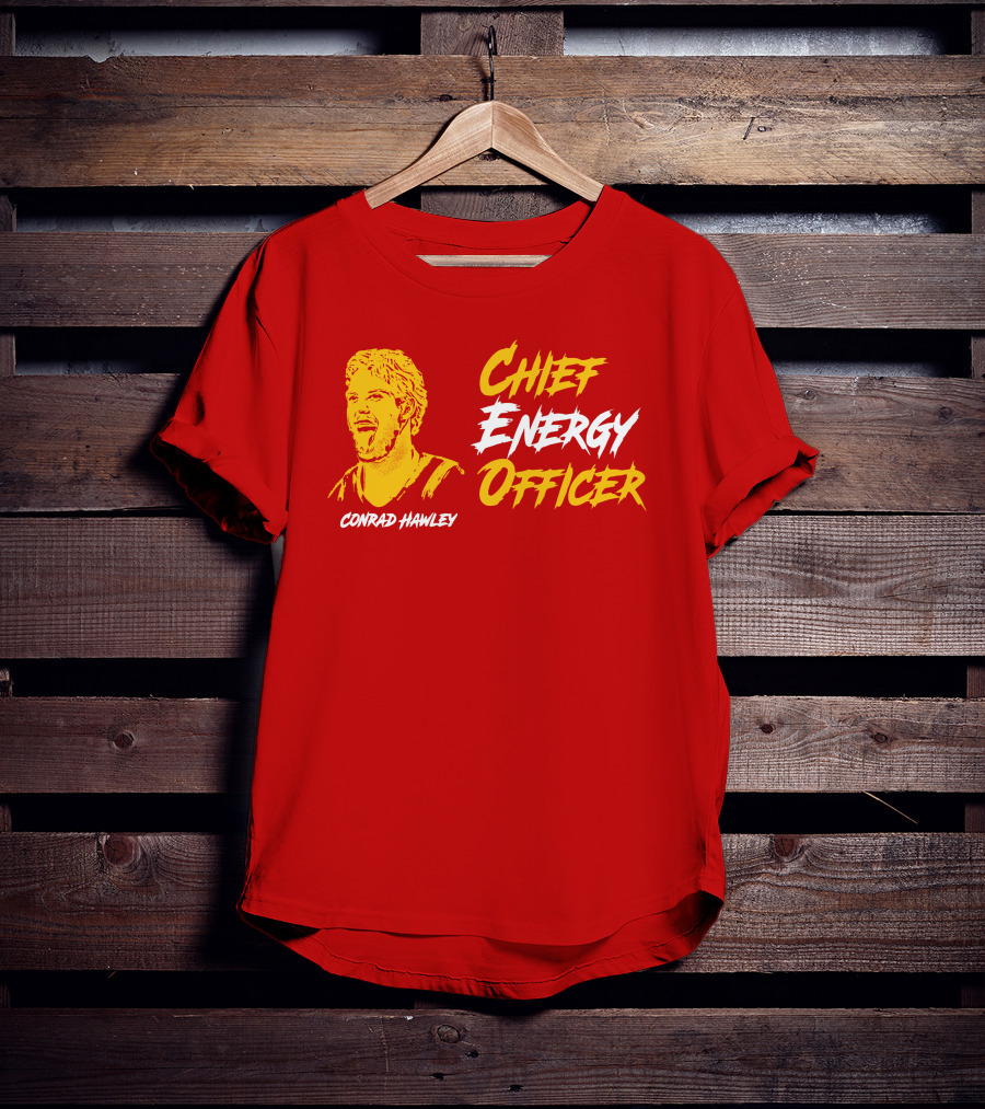 Conrad Hawley Chief Energy Officer Enthusiastic Portrait In Bold Yellow And White Text T-Shirt
