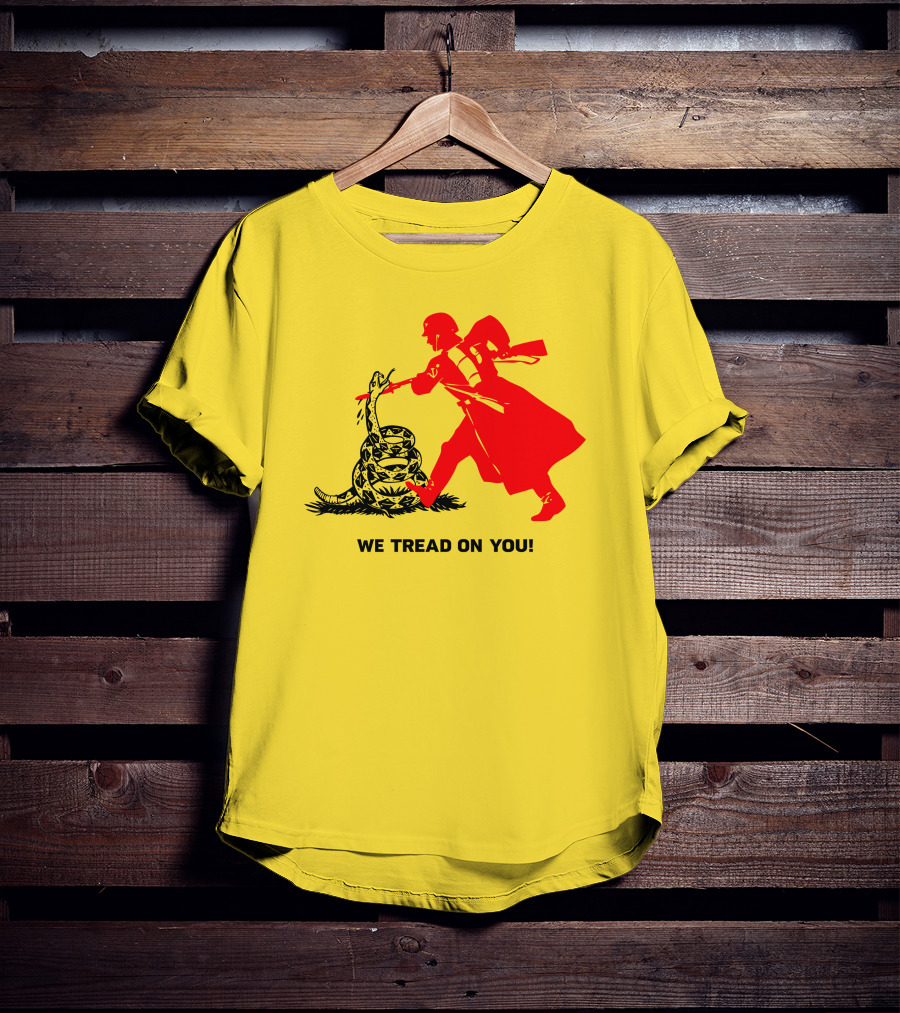 We Tread On You Revolutionary Soldier And Snake Yellow Background T-Shirt