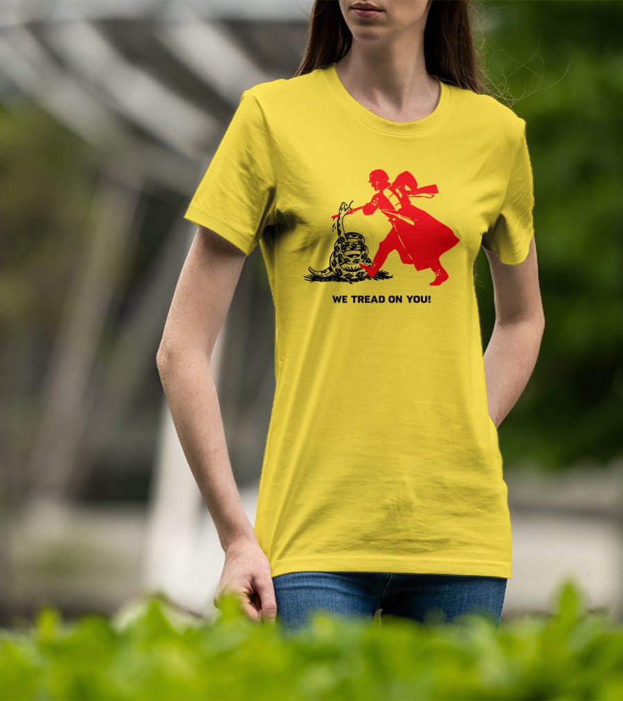 We Tread On You Revolutionary Soldier And Snake Yellow Background T-Shirt
