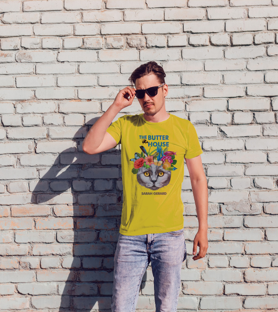 The Butter House Sarah Gerard Floral Cat With Butterflies And Fish On Yellow T-Shirt