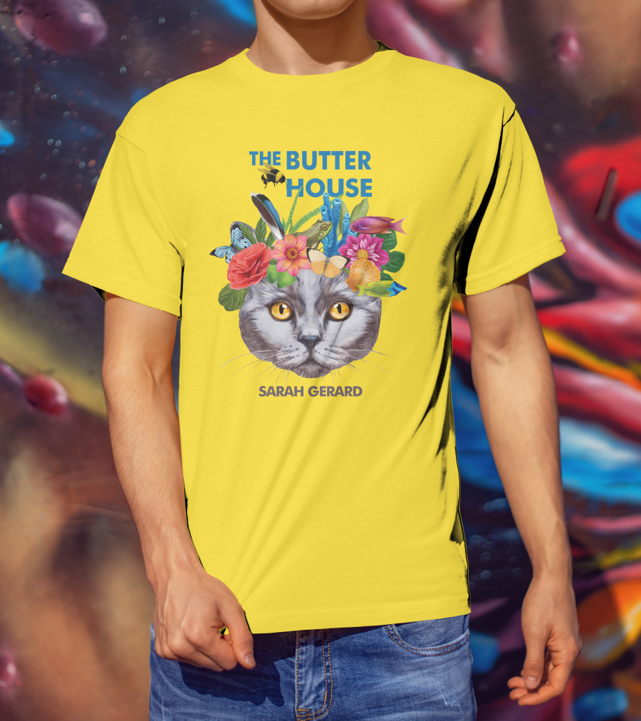 The Butter House Sarah Gerard Floral Cat With Butterflies And Fish On Yellow T-Shirt