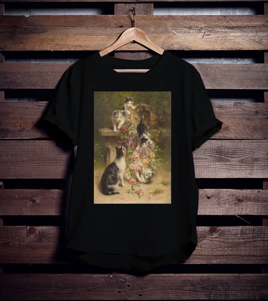Cats And Flowers Playing On A Bench By Carl Reichert T-Shirt
