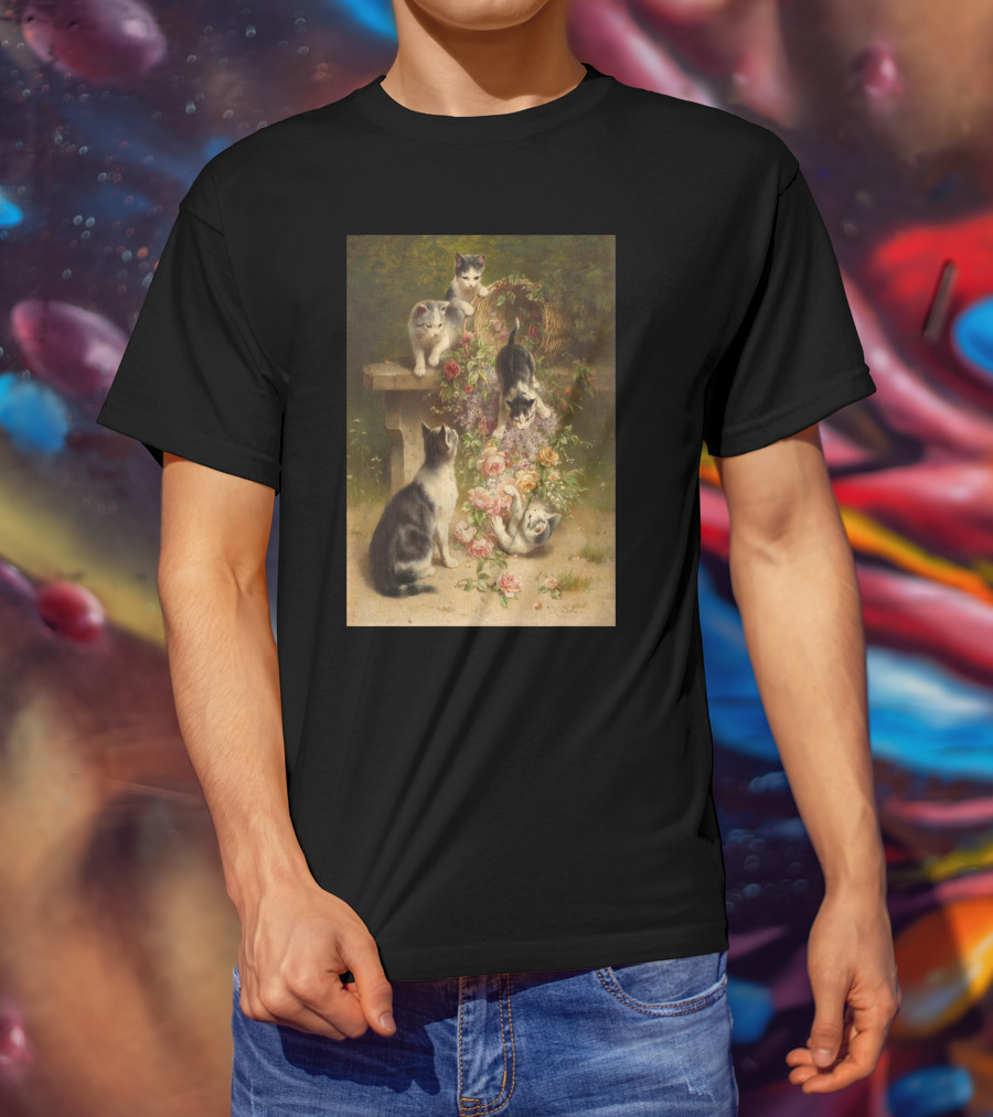 Cats And Flowers Playing On A Bench By Carl Reichert T-Shirt