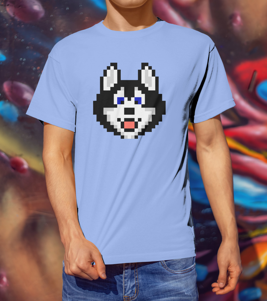 Huskytoken Cat Pixelated Husky Face On Light Blue T-Shirt