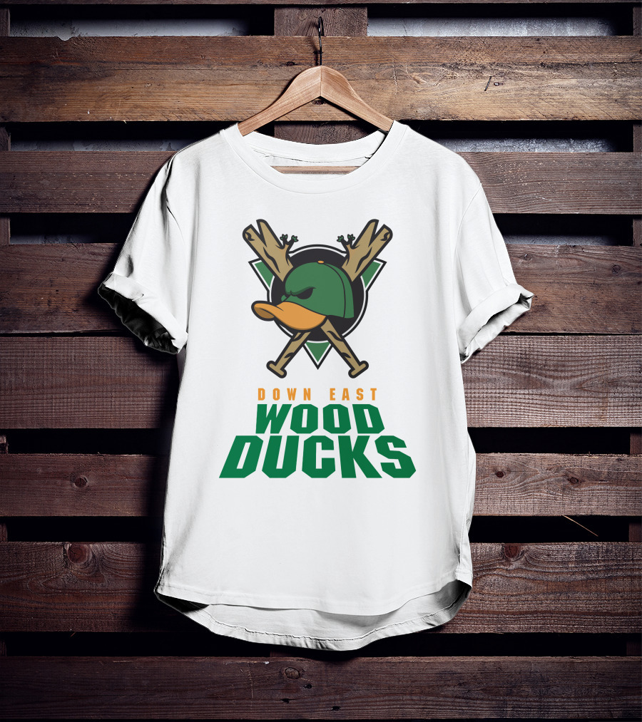 Down East Wood Ducks Baseball Logo With Crossed Bats And Duck Cap T-Shirt