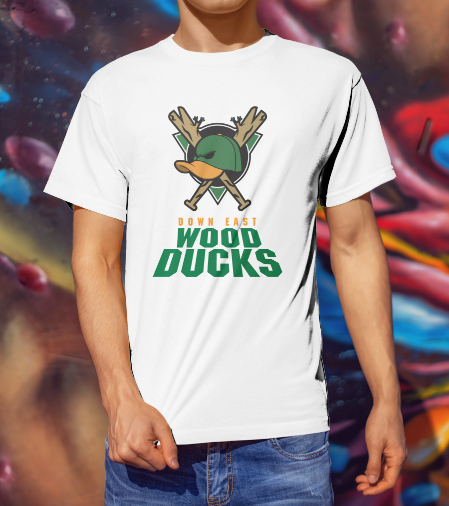 Down East Wood Ducks Baseball Logo With Crossed Bats And Duck Cap T-Shirt