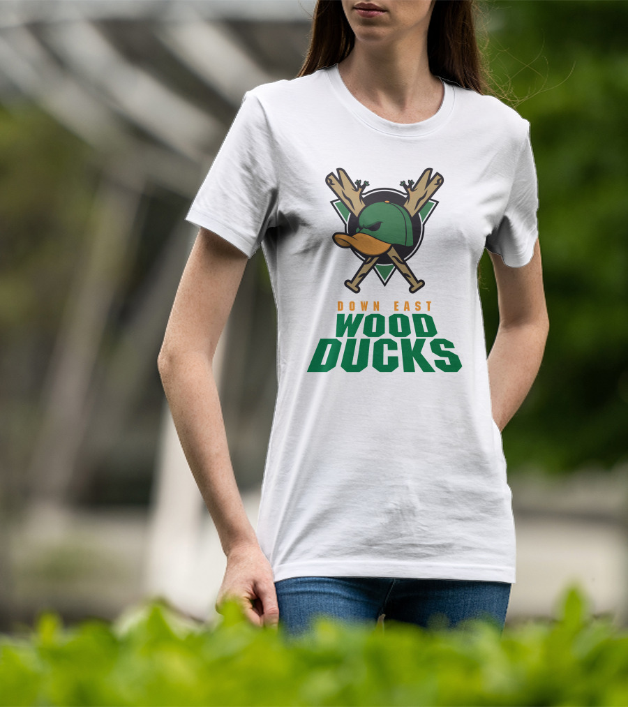Down East Wood Ducks Baseball Logo With Crossed Bats And Duck Cap T-Shirt