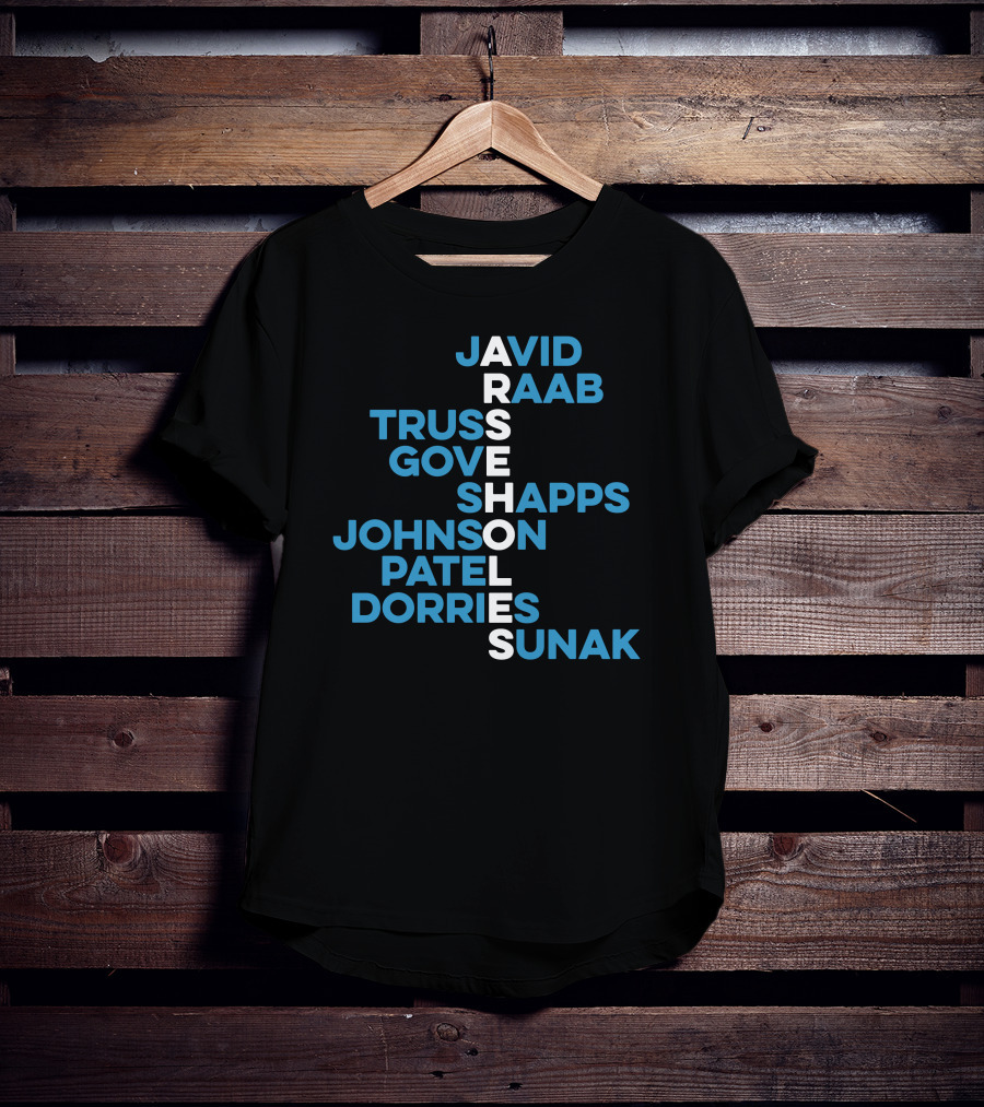 Javid Raab Truss Gove Shapps Johnson Patel Dorries Sunak Vertical Names T-Shirt