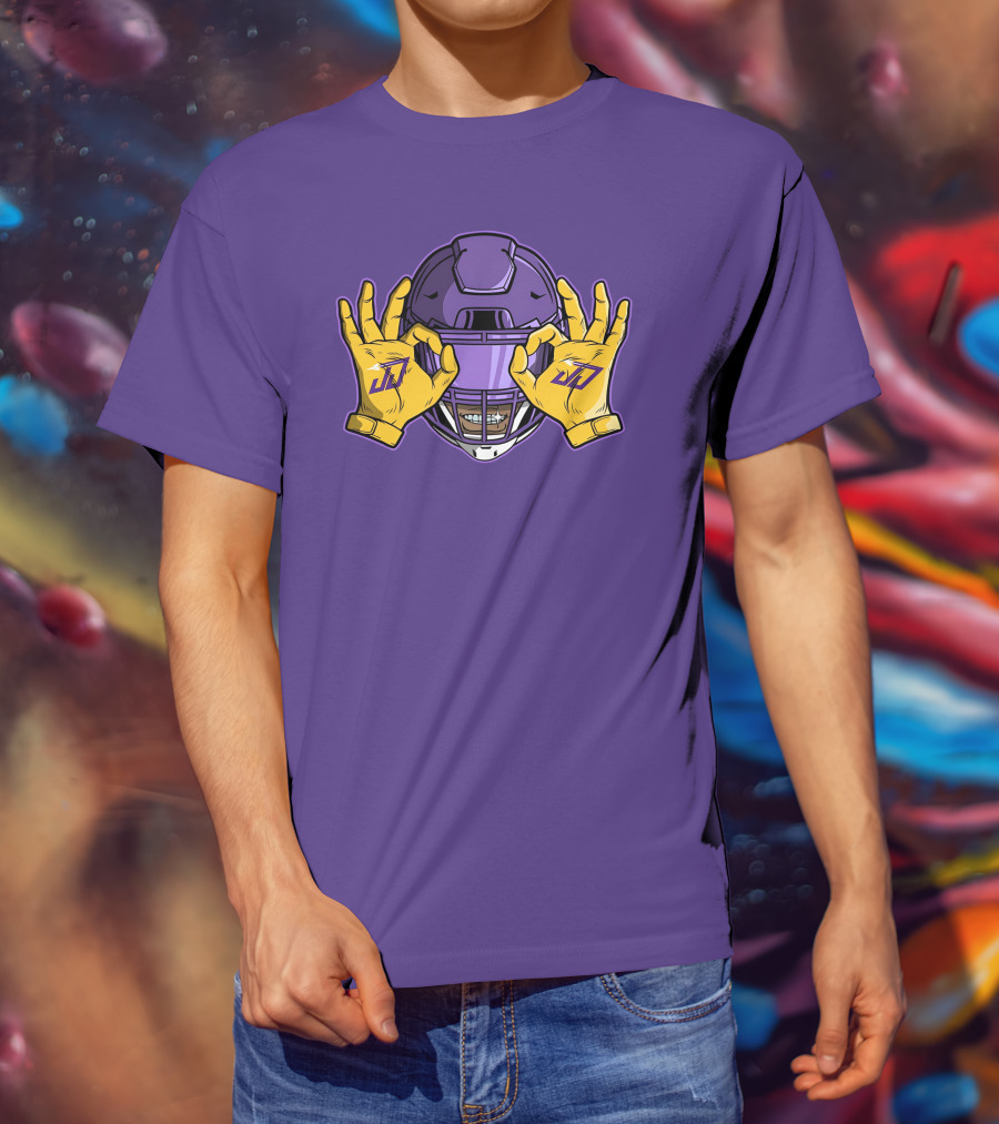 Kevin O’Connell Justin Jefferson Griddy JJ Celebration Viking Helmet Purple Yellow Hands T-Shirt