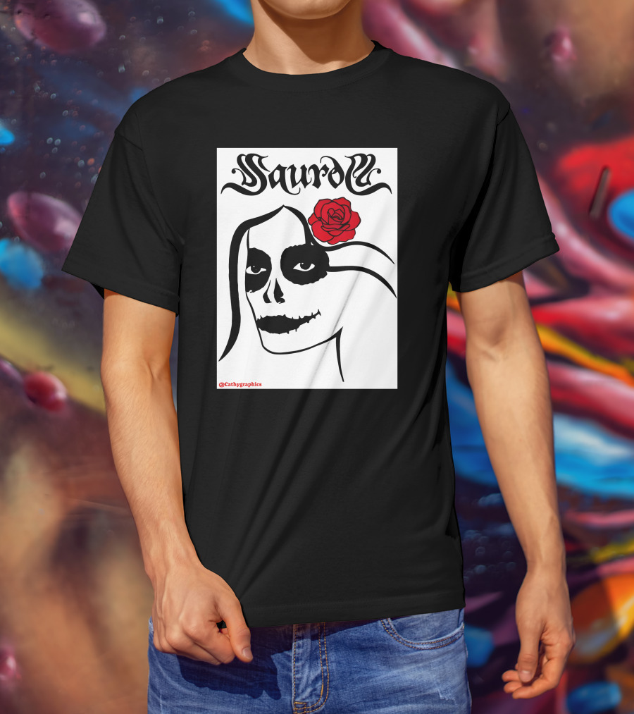 Saurom Cathygraphics Skull Face With Red Rose T-Shirt