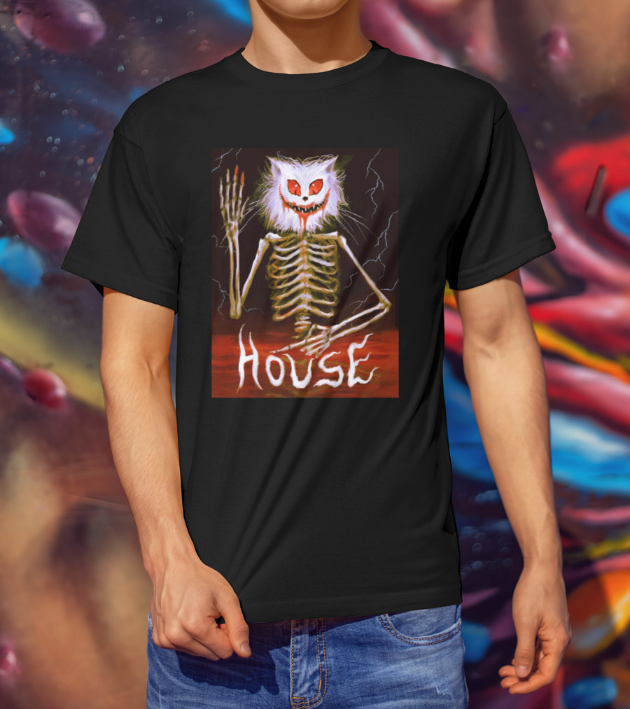 House Skeleton Cat Spirit With Lightning T-Shirt