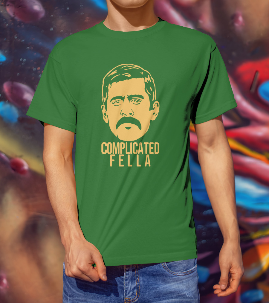 Complicated Fella Graphic With Mustache On Green Background T-Shirt
