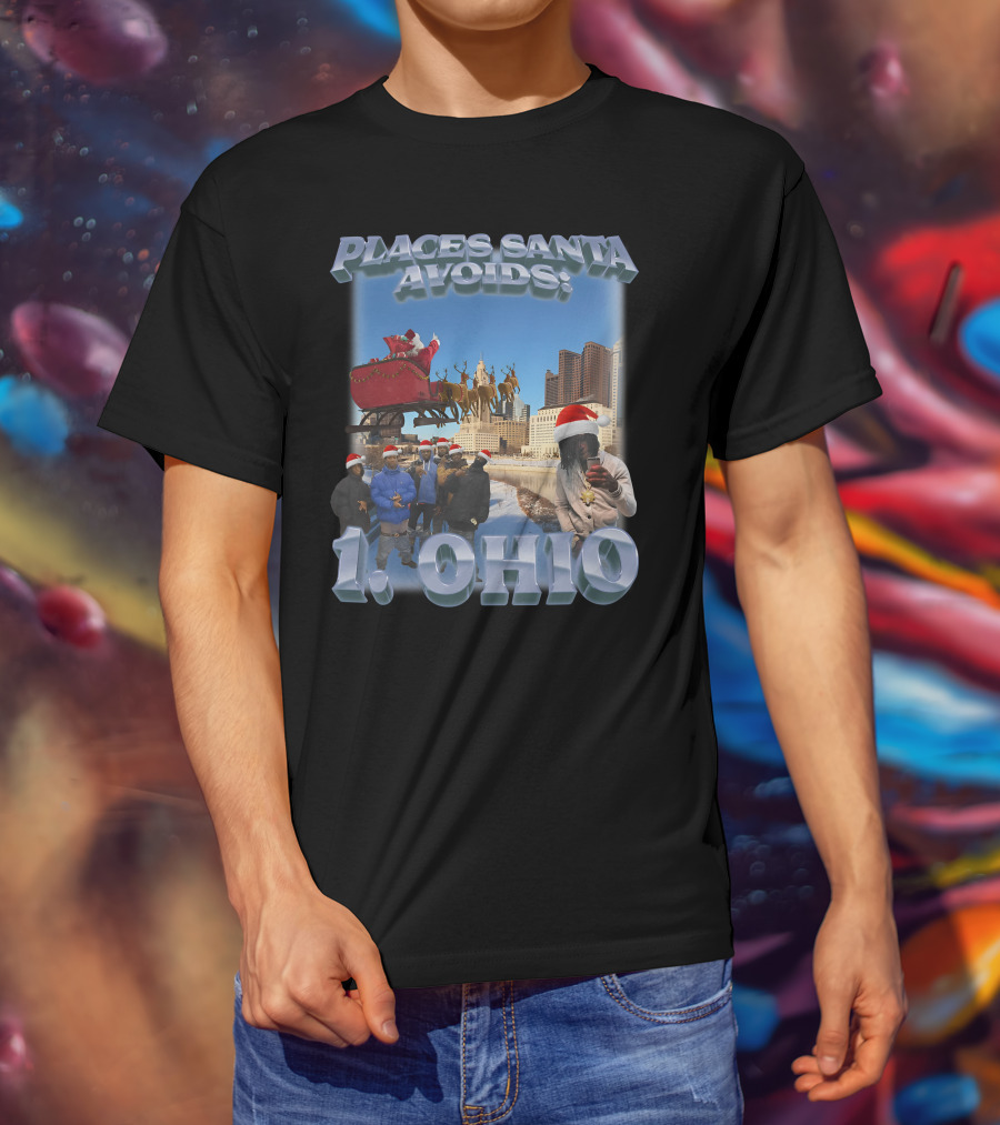 Places Santa Avoids 1 Ohio Santa's Sleigh Reindeer Columbus Skyline T-Shirt