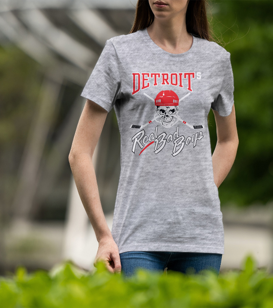 Detroit Real Bad Boys Skull With Hockey Helmet And Crossed Sticks T-Shirt
