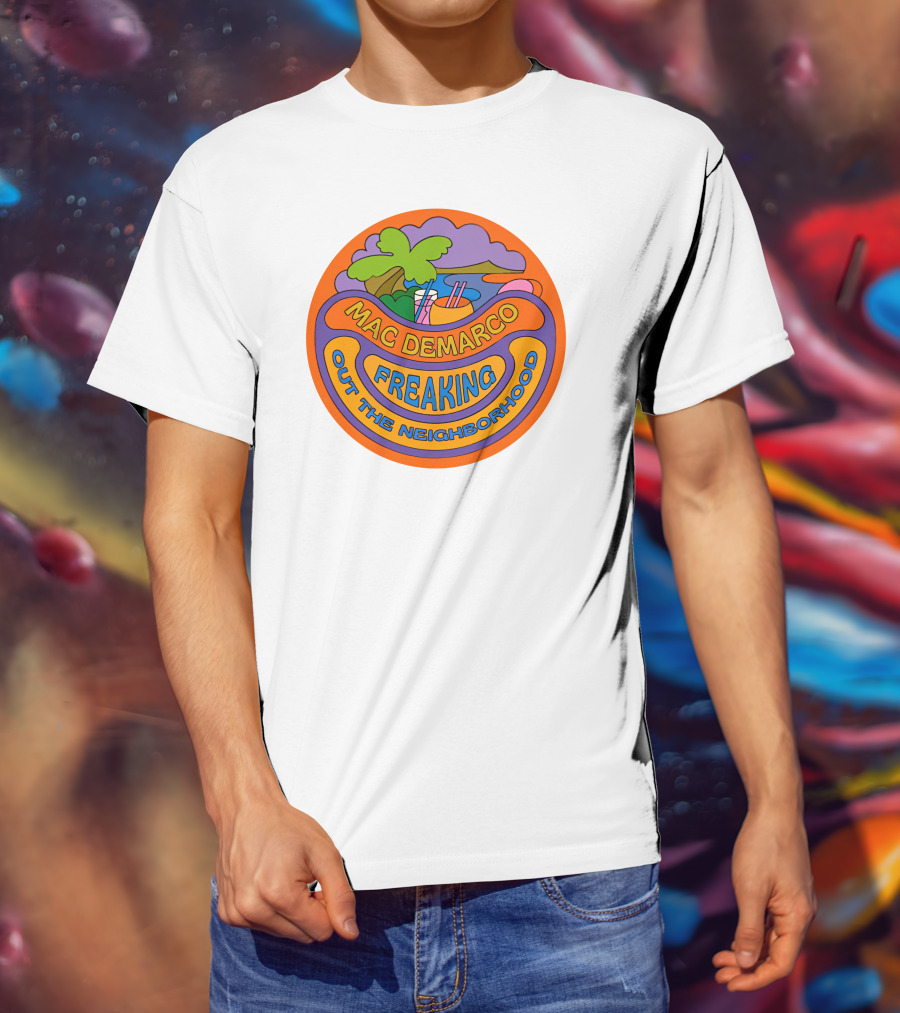 Mac Demarco Freaking Out The Neighborhood Colorful Retro Design With Beach And Palm Tree Elements T-Shirt