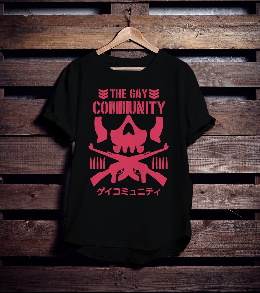 The Gay Community Japanese Text Skull And Crossed Rifles T-Shirt