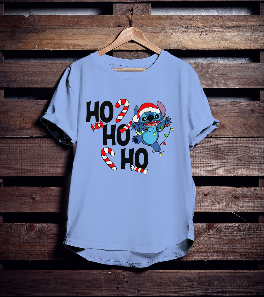 Stitch Ho Ho Ho Christmas Lights And Candy Canes T-Shirt