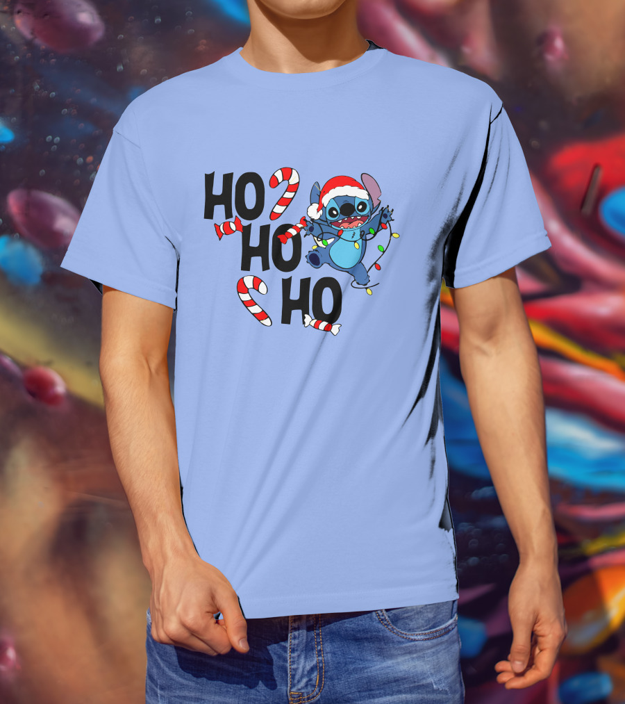 Stitch Ho Ho Ho Christmas Lights And Candy Canes T-Shirt