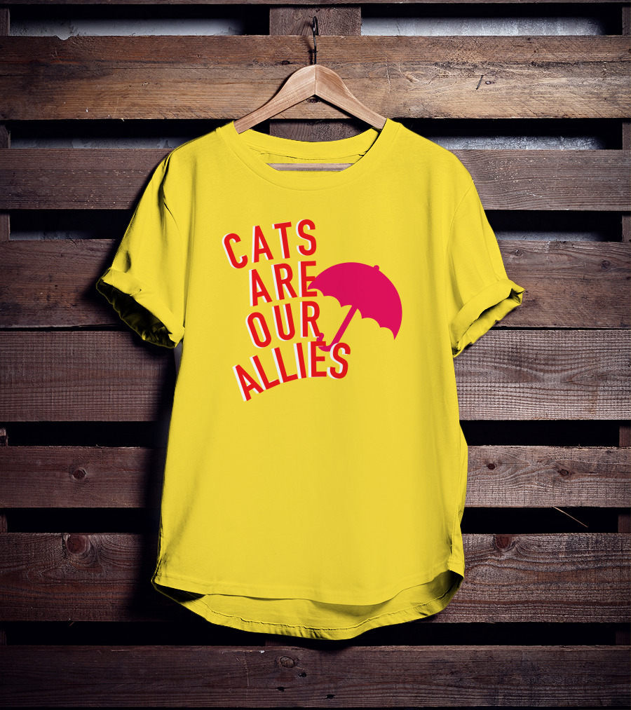Jortsthecat Cats Are Our Allies Red Umbrella Yellow Background T-Shirt
