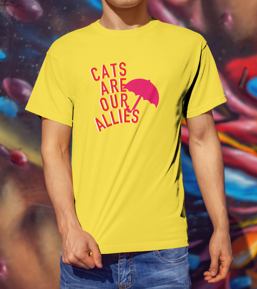 Jortsthecat Cats Are Our Allies Red Umbrella Yellow Background T-Shirt