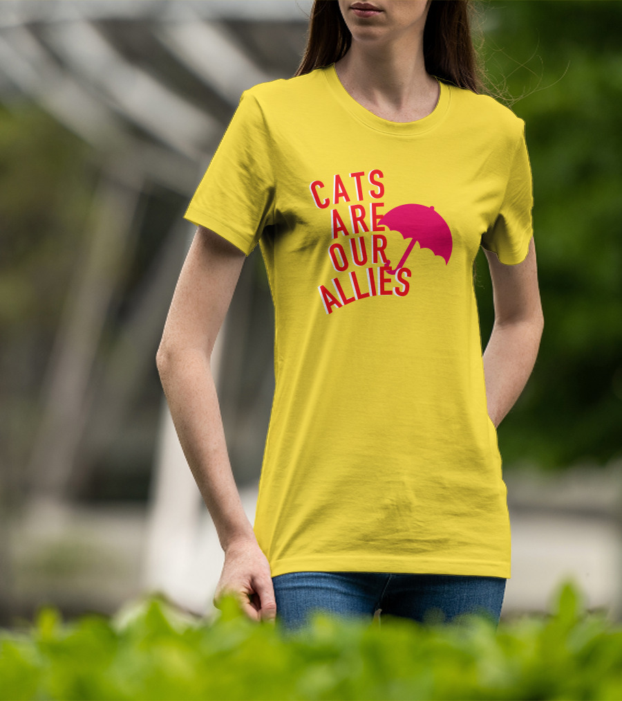 Jortsthecat Cats Are Our Allies Red Umbrella Yellow Background T-Shirt