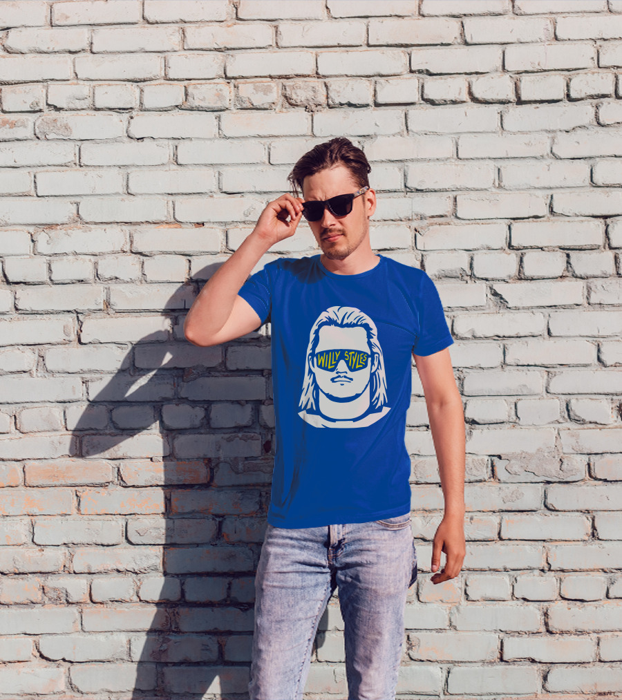 Willy Styles Sunglasses Graphic Blue Background T-Shirt