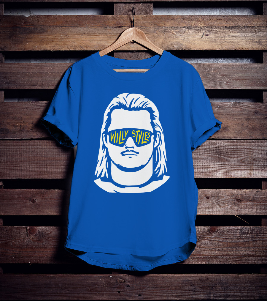 Willy Styles Sunglasses Graphic Blue Background T-Shirt