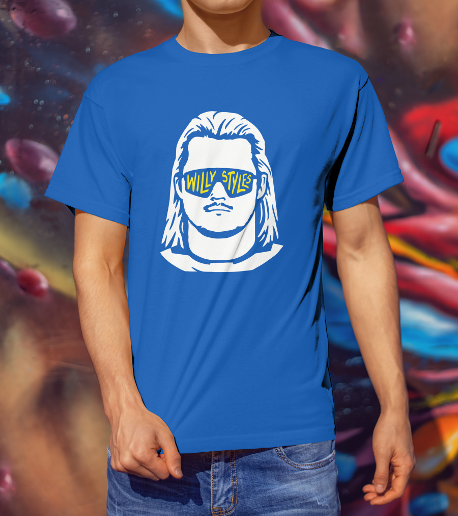 Willy Styles Sunglasses Graphic Blue Background T-Shirt