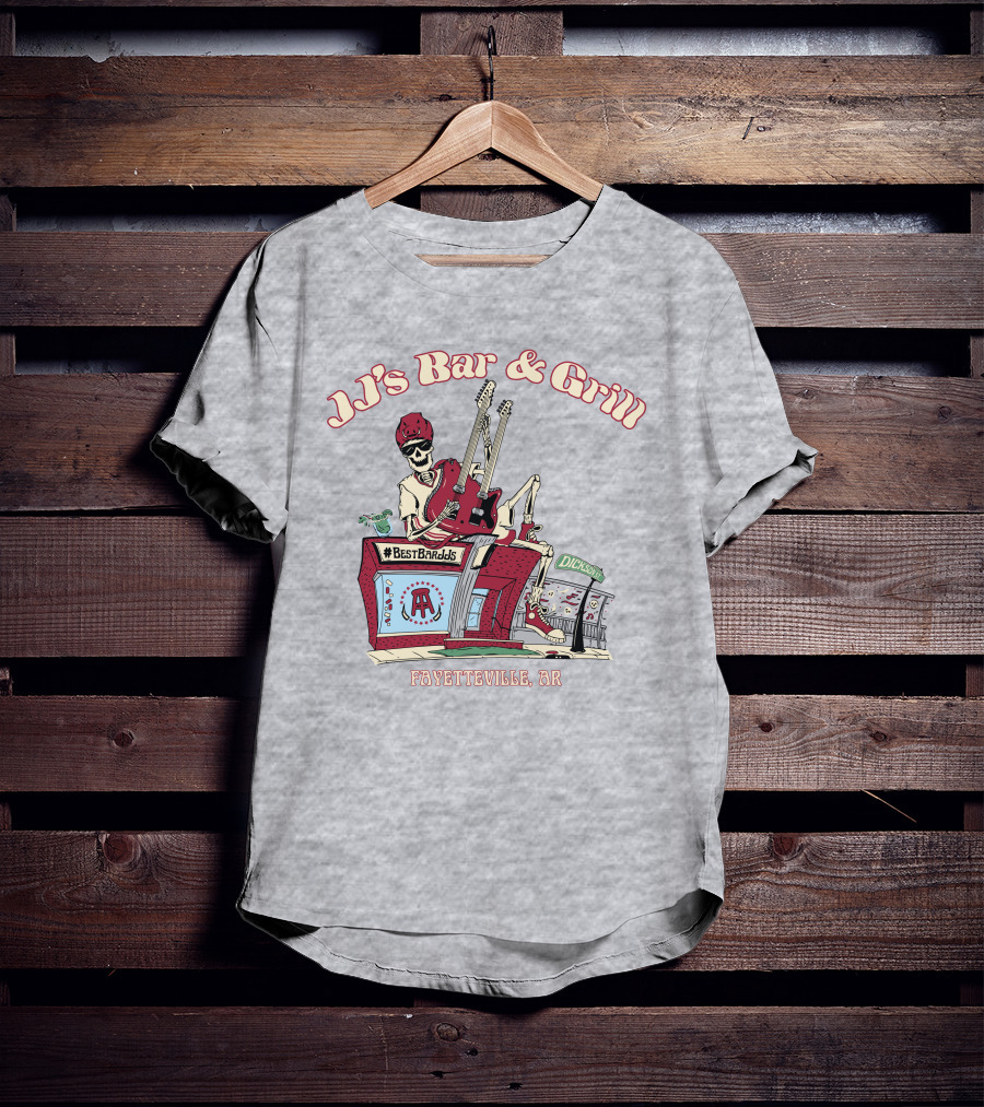 JJ's Bar And Grill Fayetteville AR Best Barstools Skeleton Playing Guitar T-Shirt