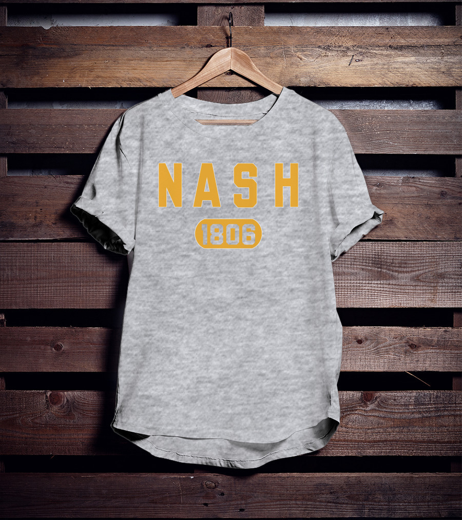 Nash 1806 Retro Varsity Style Yellow Text On Gray Background T-Shirt