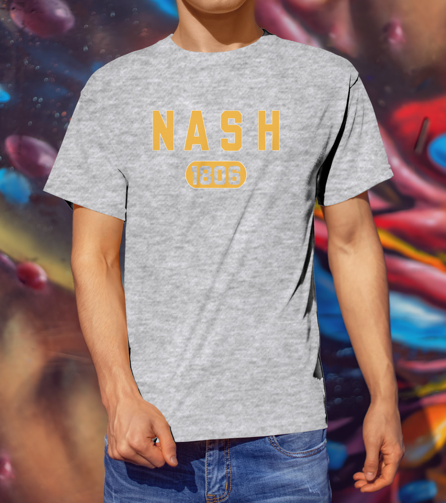 Nash 1806 Retro Varsity Style Yellow Text On Gray Background T-Shirt