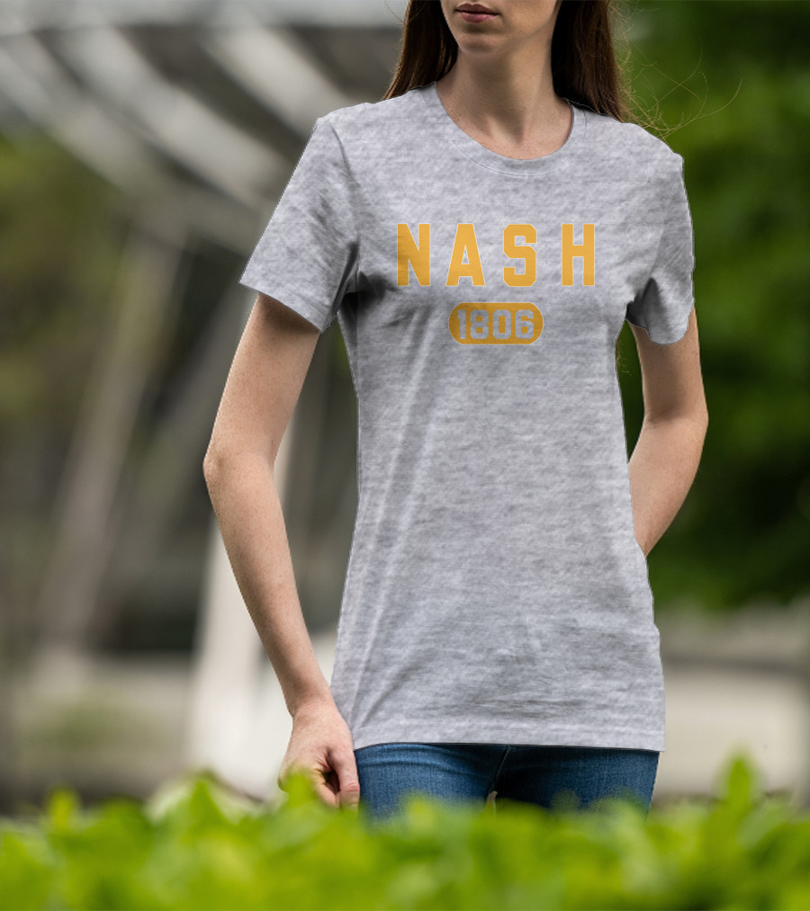 Nash 1806 Retro Varsity Style Yellow Text On Gray Background T-Shirt