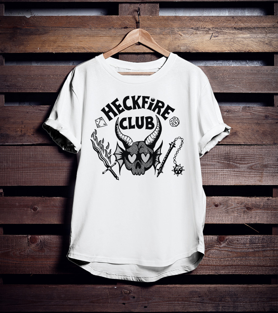 Heckfire Club Hawkins Leather Skull With Horns And Fantasy Dice T-Shirt