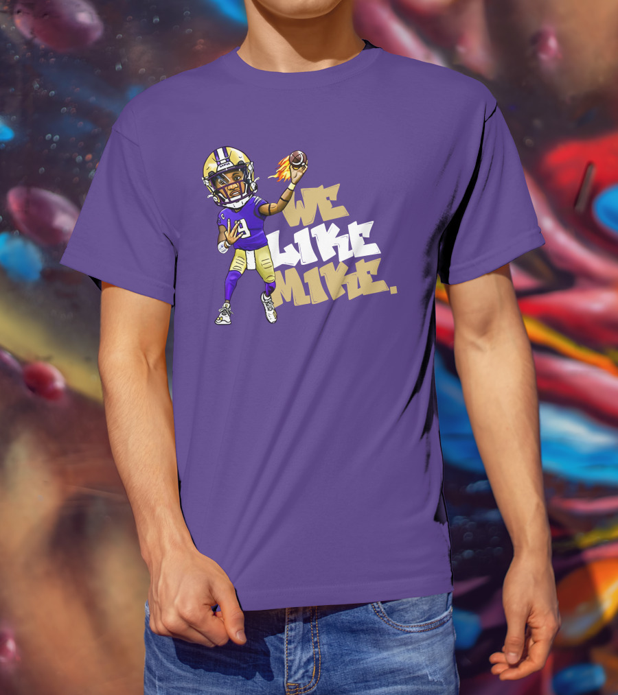 We Like Mike Football Character In Purple And Gold Gear Holding Flaming Ball T-Shirt